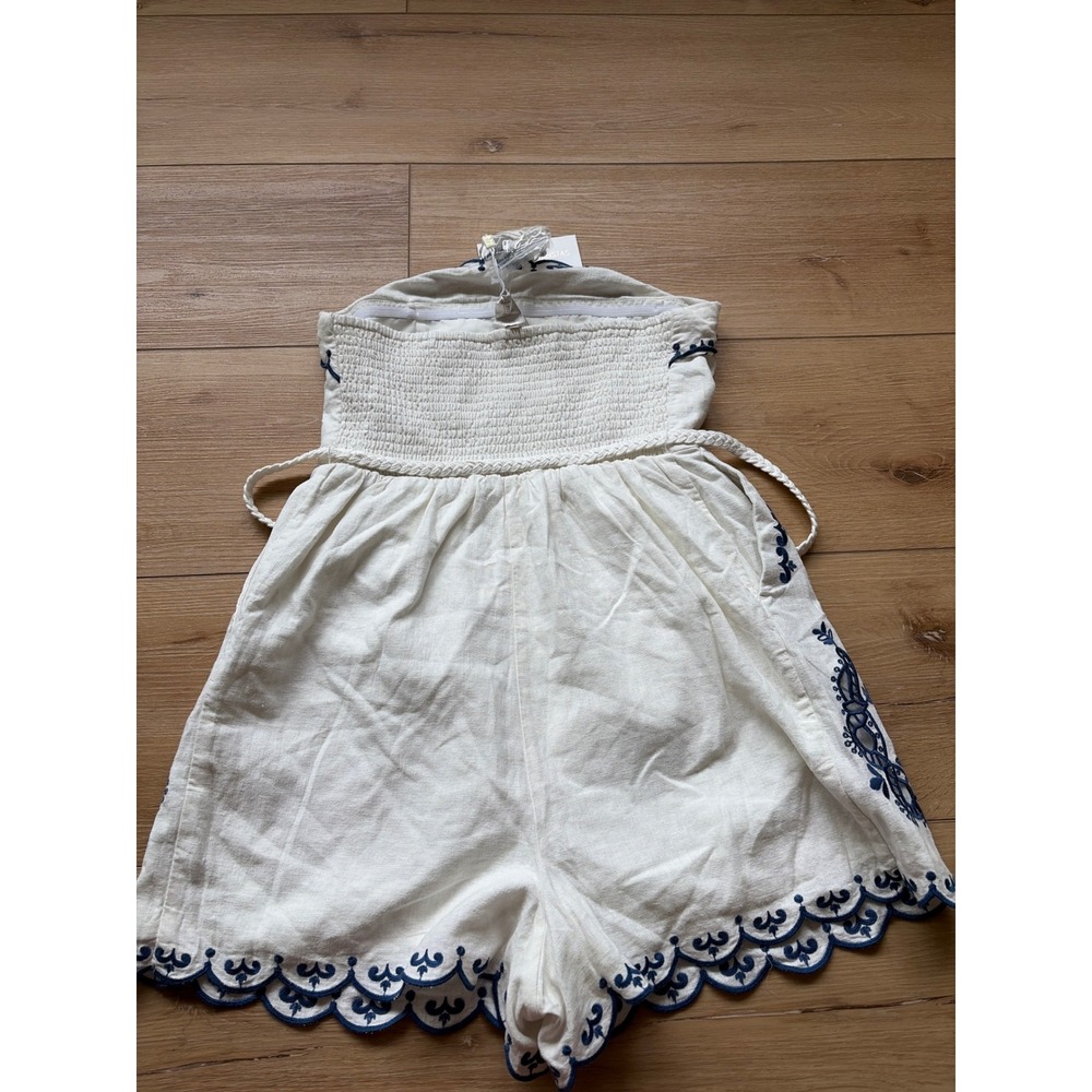 Caroline Constas White Navy Embroidered Linen Strapless Romper Scallop Hem Small - Picture 7 of 9